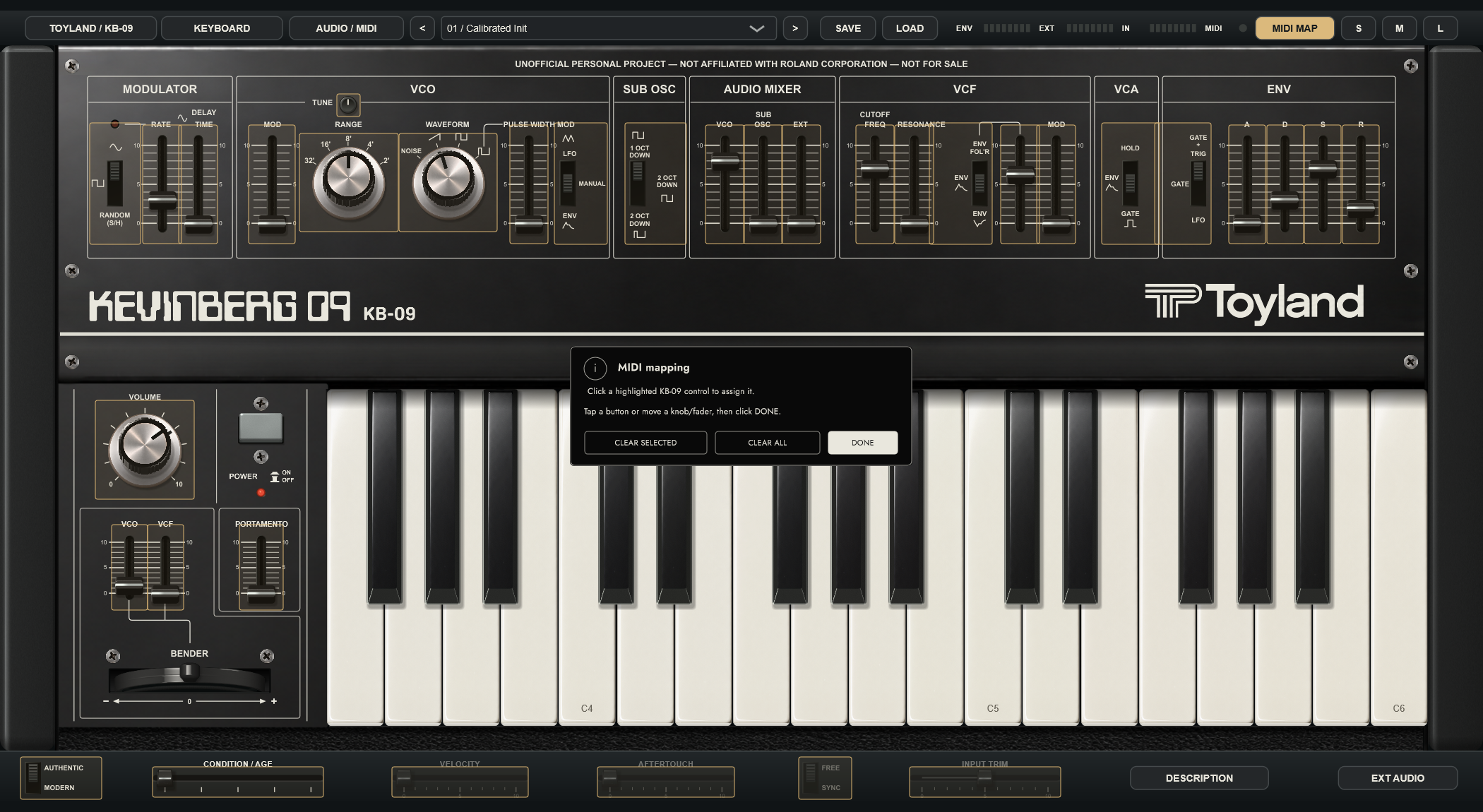 MIDI MAP highlights assignable controls and centers its compact window on the synth while leaving assignable controls exposed.